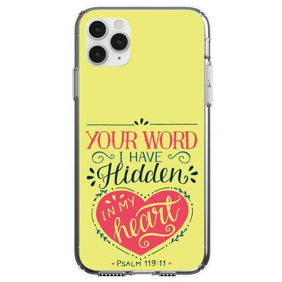 DistinctInk Clear Shockproof Hybrid Case for iPhone 13 PRO (6.1" Screen) - TPU Bumper, Acrylic Back, Tempered Glass Screen Protector - Psalm 119:11 - Your Word I have Hidden in My Heart