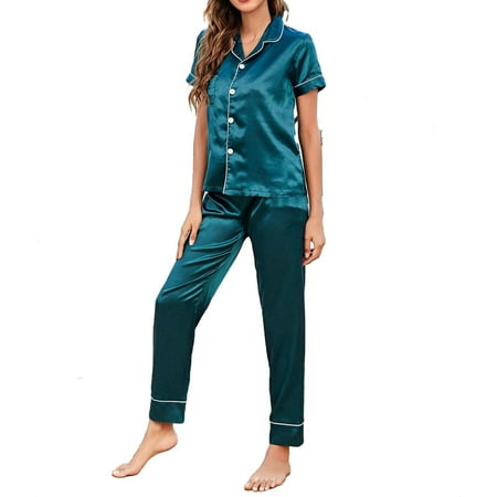 

Womens Pajama Sets Contrast Binding Lapel Sleepwear Dark Green L