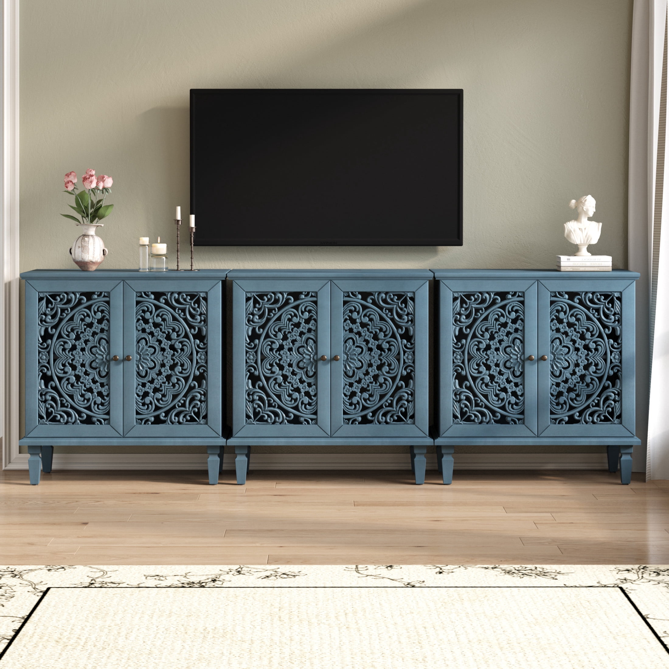 Noble house Vintage Hollow-Carved Accent Cabinet, 2-Door Sideboard, Adjustable Shelf & Solid Wood Legs,Antique Blue
