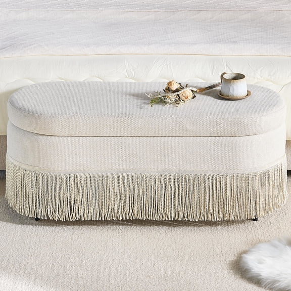 CQSXDA Multi-Functional Fringe Trim Oval Storage Ottoman With Lift-Top Lid 39 Inches Long With Metal Frame For Bedroom And Living Room, Beige