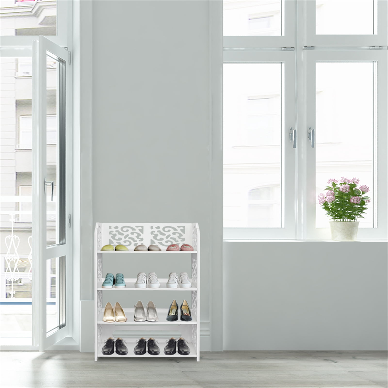 4 Tiers Carved Shoe Rack Wood-plastic Board, White