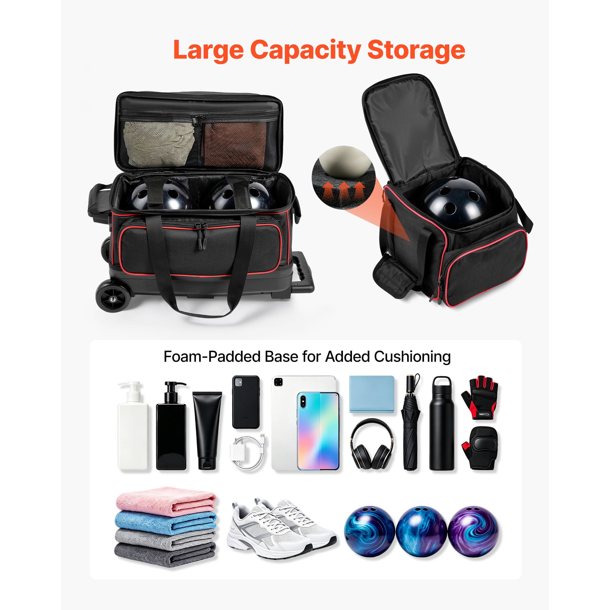 KFFKFF 3-Ball Bowling Bag with Wheels, Shoe Compartment for Sizes Up to US Men 16, Rolling Bag with Accessory Pocket and 40-Inch Retractable Handle