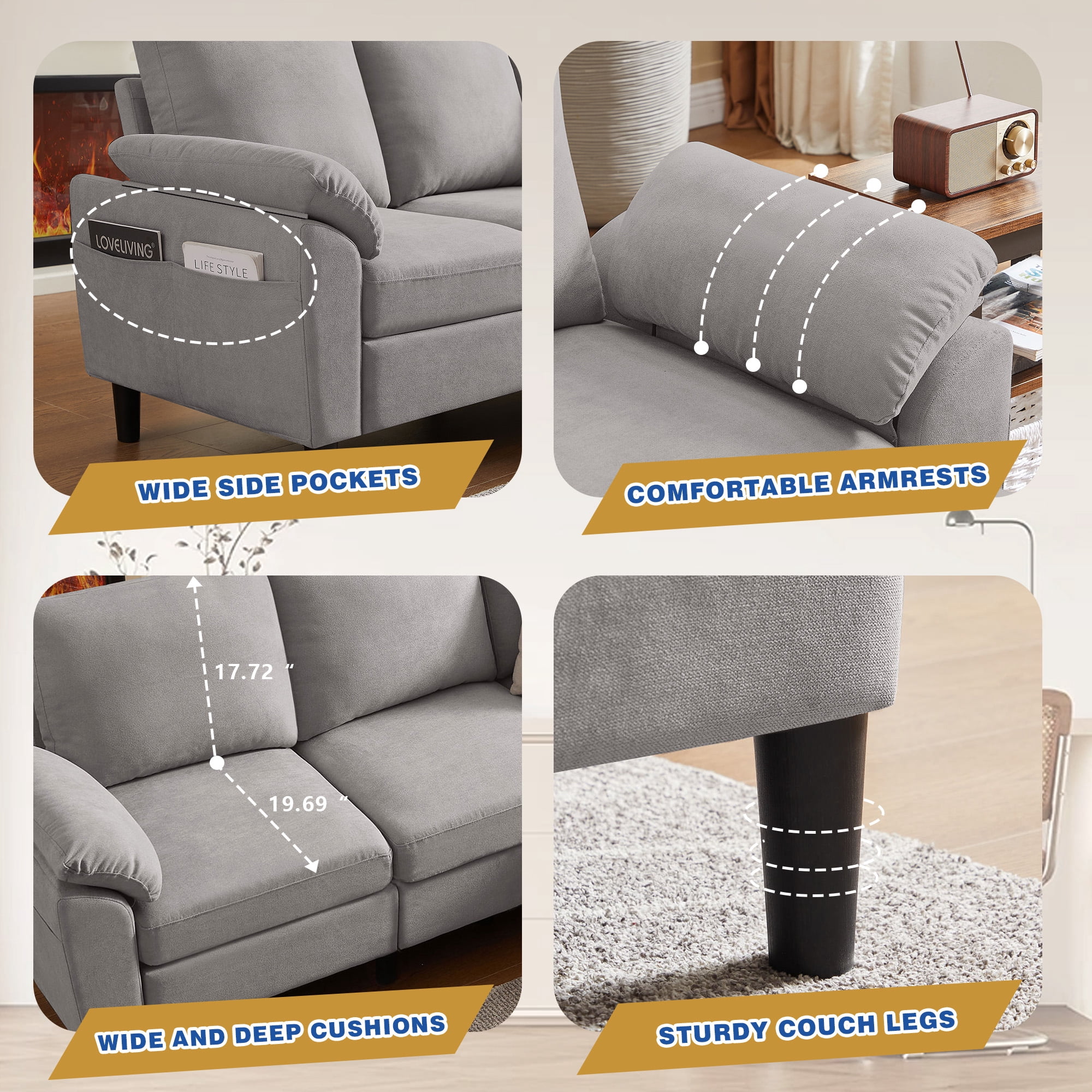 Jarenie 80" Convertible Sectional Sofa, Small L Shaped 3 Seat Couch with Reversible Storage Chaise, Modern Polyester Fabric Sofa Couches for Living Room, Apartment and Small Space, Lightgrey