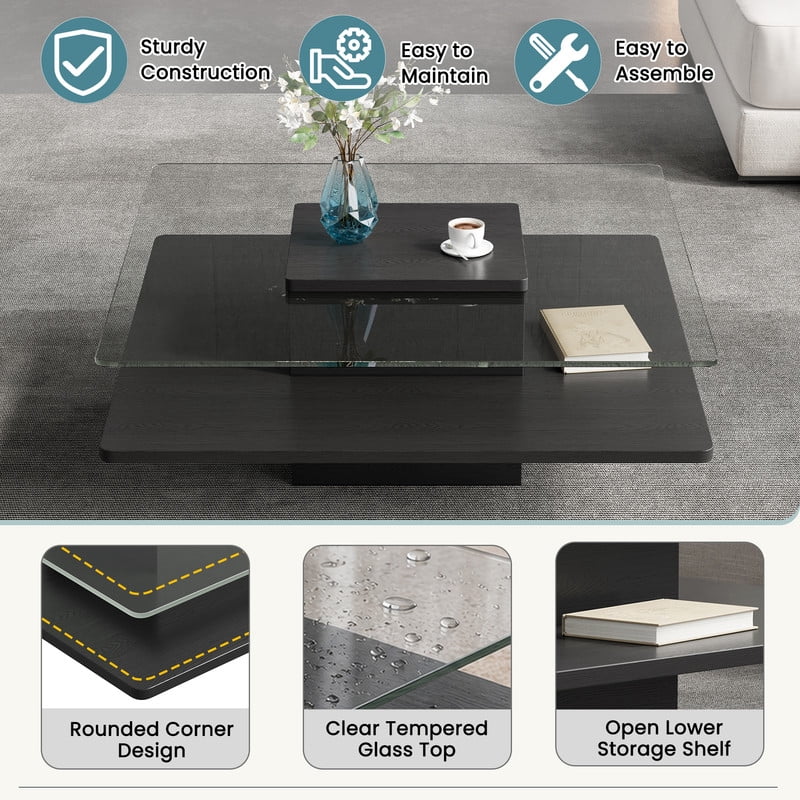 31.5''W Square Cocktail Coffee Table with Clear Tempered Glass Top, 2-Tier Accent Center Table with Open Storage Shelf