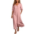 thumbnail image 2 of Ayolanni 3/4 Sleeve Dresses for Women Babydoll V Neck A-Line Maxi Dresses Button Down Hawaii Beach Solid Long Dress with Pockets Pink XXXL, 2 of 7