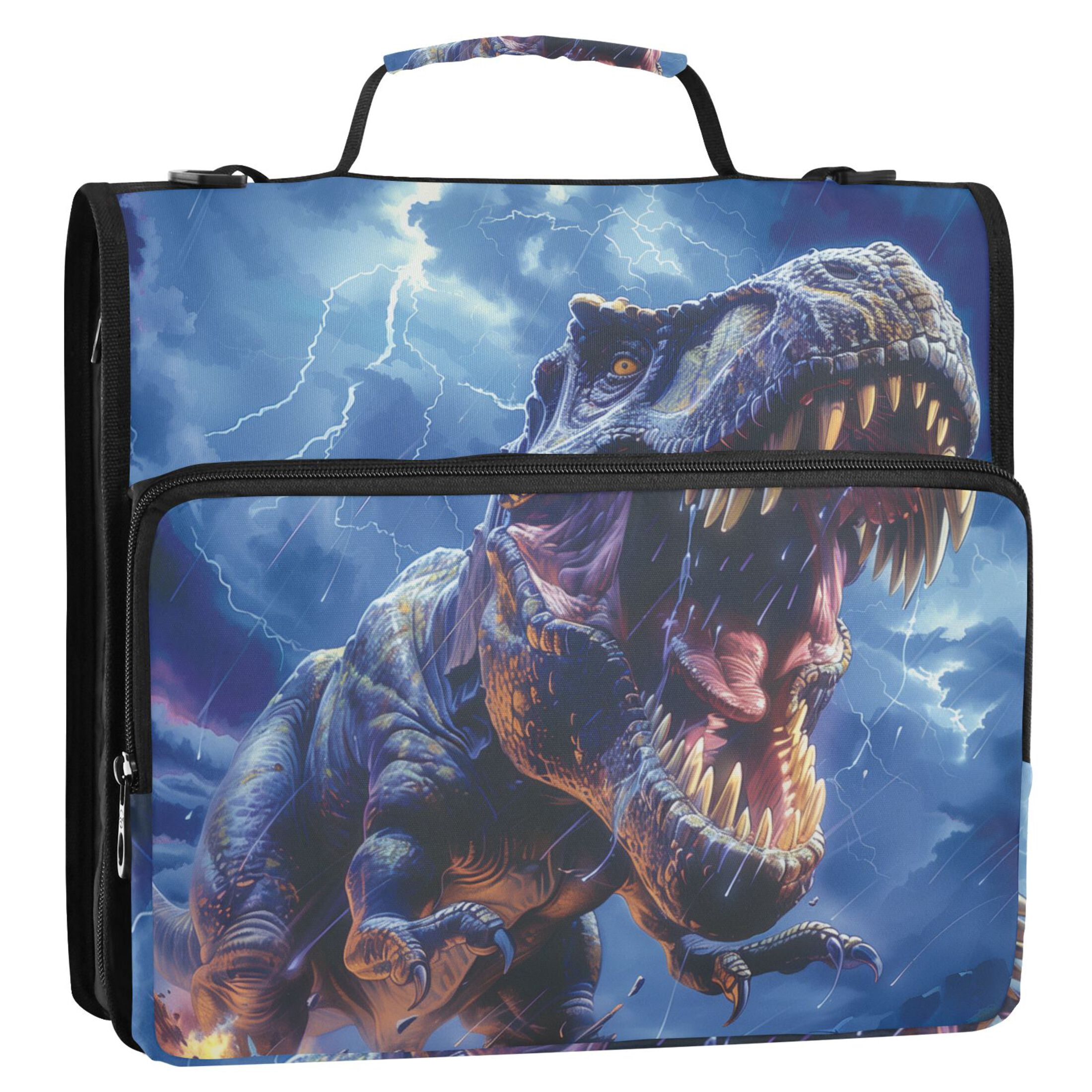 3 Ring Zipper Binder with Shoulder Strap Waterproof Trapper Keeper 2 Inch D-Ring 500 Sheets Capacity Fierce Dinosaurs in Thunderstorm