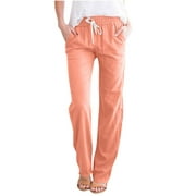 Mrat High Waisted Pants for Women Full Length Pants Fashion Ladies Summer Casual Loose Cotton and Linen High Waisted Trousers Solid Color Elastic Waist Loose Long Pants with Pocket Orange_C S