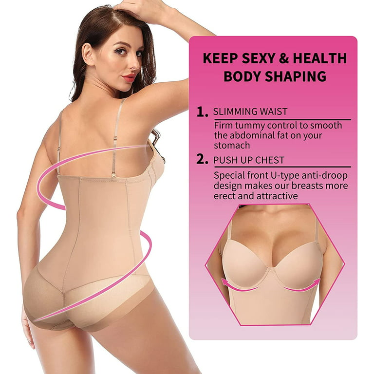 SHAPERIN Women's Backless Body Shaper Bra U Plunge Seamless Low Back Thong  Shapewear Deep V Full Body Bodysuit