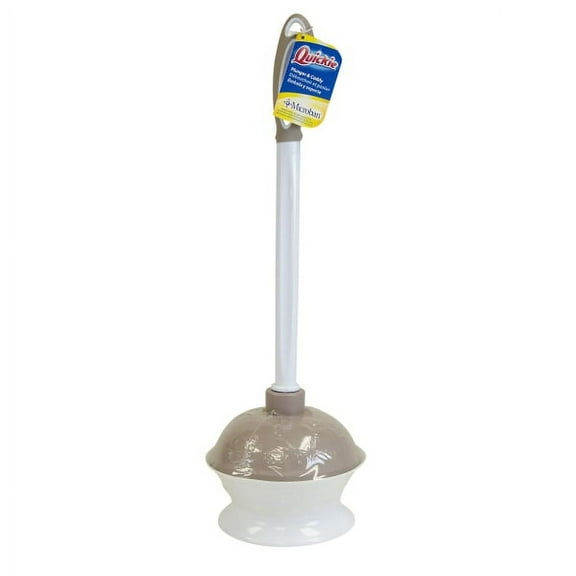 Plastic Toilet Plunger and Caddy with Microban, 16" Plastic Handle, 6.5" dia, White/Taupe