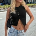 thumbnail image 6 of Womens Sleeveless Cropped Sweater Vest Summer Trendy Knit Crop Tank Tops Crewneck Button Y2K Going Out Top Black M, 6 of 7