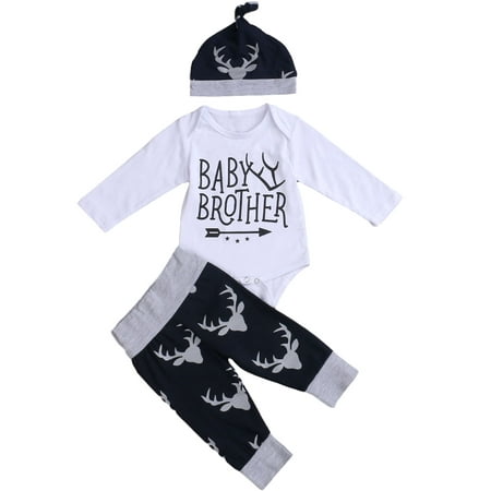 

BrilliantMe Boy Baby Brother Outfits Set Romper Deer Pant Hat 3Pcs Suit 12-18 Months