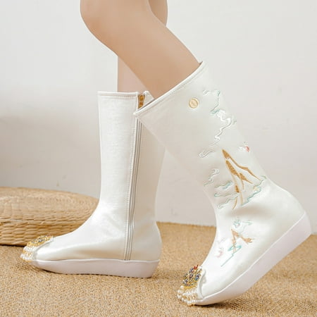 

Cathalem Womens Mid Calf Winter Boots Women Fashion Boots Inner High Heel Old Thigh High Boots for Women with Heel Wide Calf White 6.5