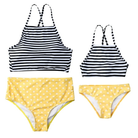 Mommy and Me Two Piece Swimsuit Mother Daughter High Neck Striped Bikini Set Mom Girls Bikini Family Matching (Best Two Piece Swimsuits For Moms)