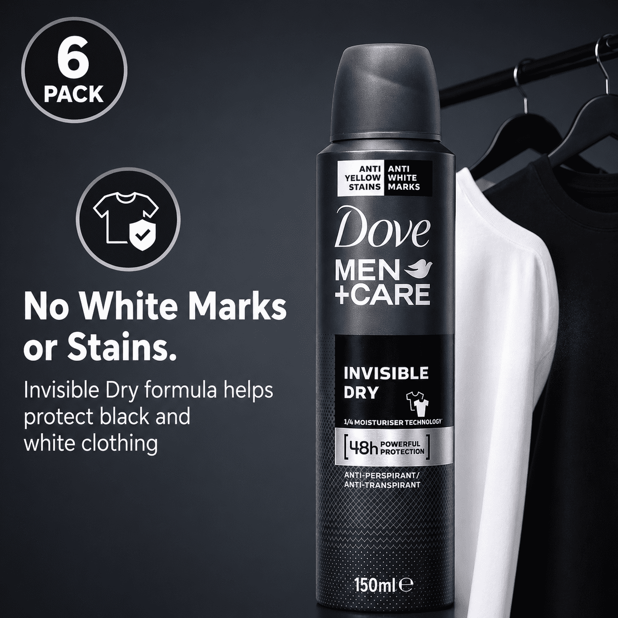 Dove Men+Care Invisible Dry Antiperspirant Spray Deodorant 3.8 oz (150 mL), 6 Pack, 72-Hour Protection, No White Marks on Clothes