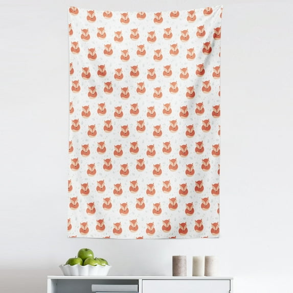 Fox Tapestry, Sleeping Animals Pattern on Heats and Leaves Background Vintage Inspirations, Fabric Wall Hanging Decor for Bedroom Living Room Dorm, 5 Sizes, Coral Beige, by Ambesonne