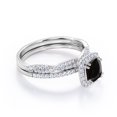 thumbnail image 3 of JeenMata Halo Prong Set - 1.5 Carat Cushion Cut Lab Created Black Diamond and Moissanite - Pave Twisted Infinity Wedding Ring Set - 18K White Gold Plating over Silver, 3 of 7