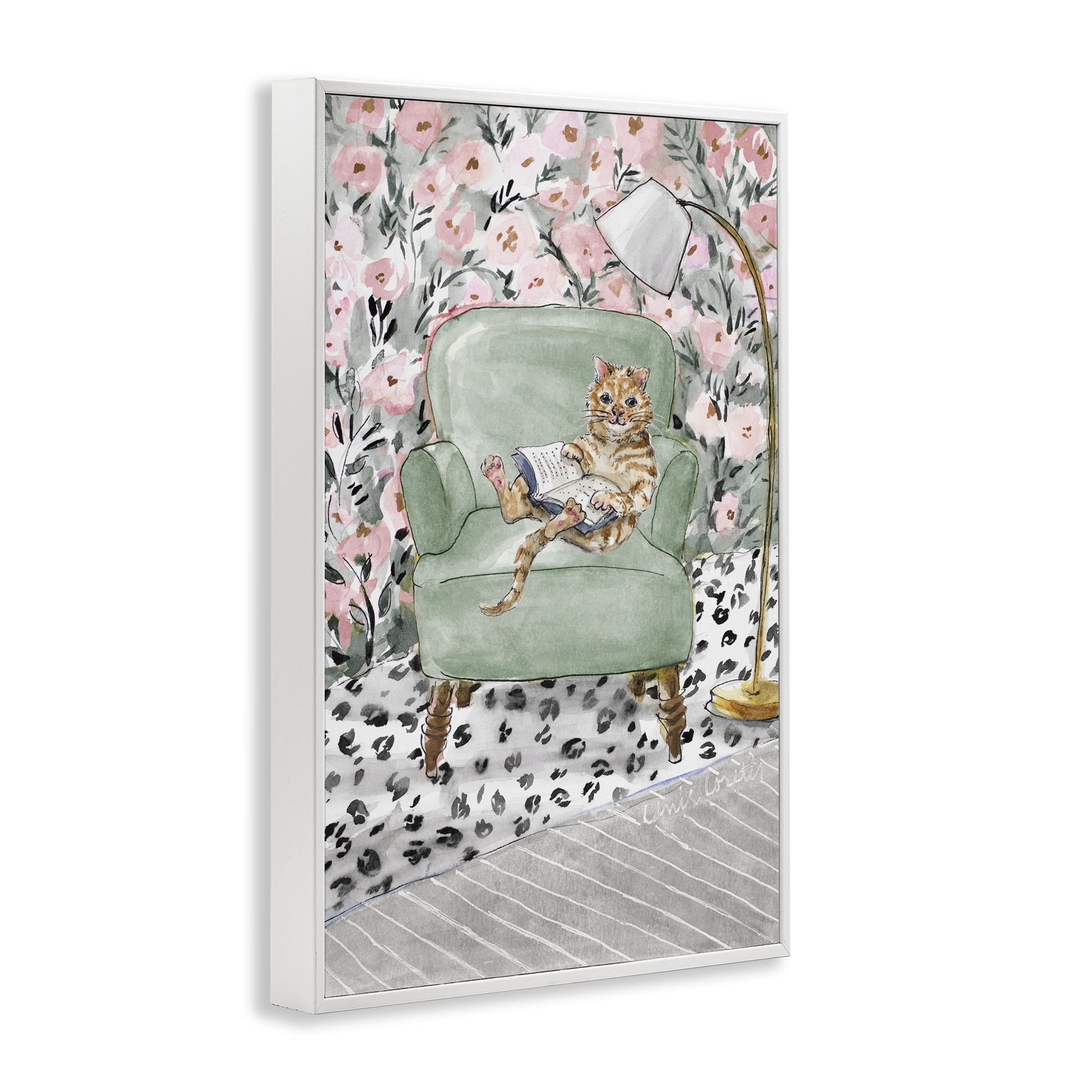 Stupell Industries Cozy Cat Reading White Framed Giclee Art, design by Lanie Loreth