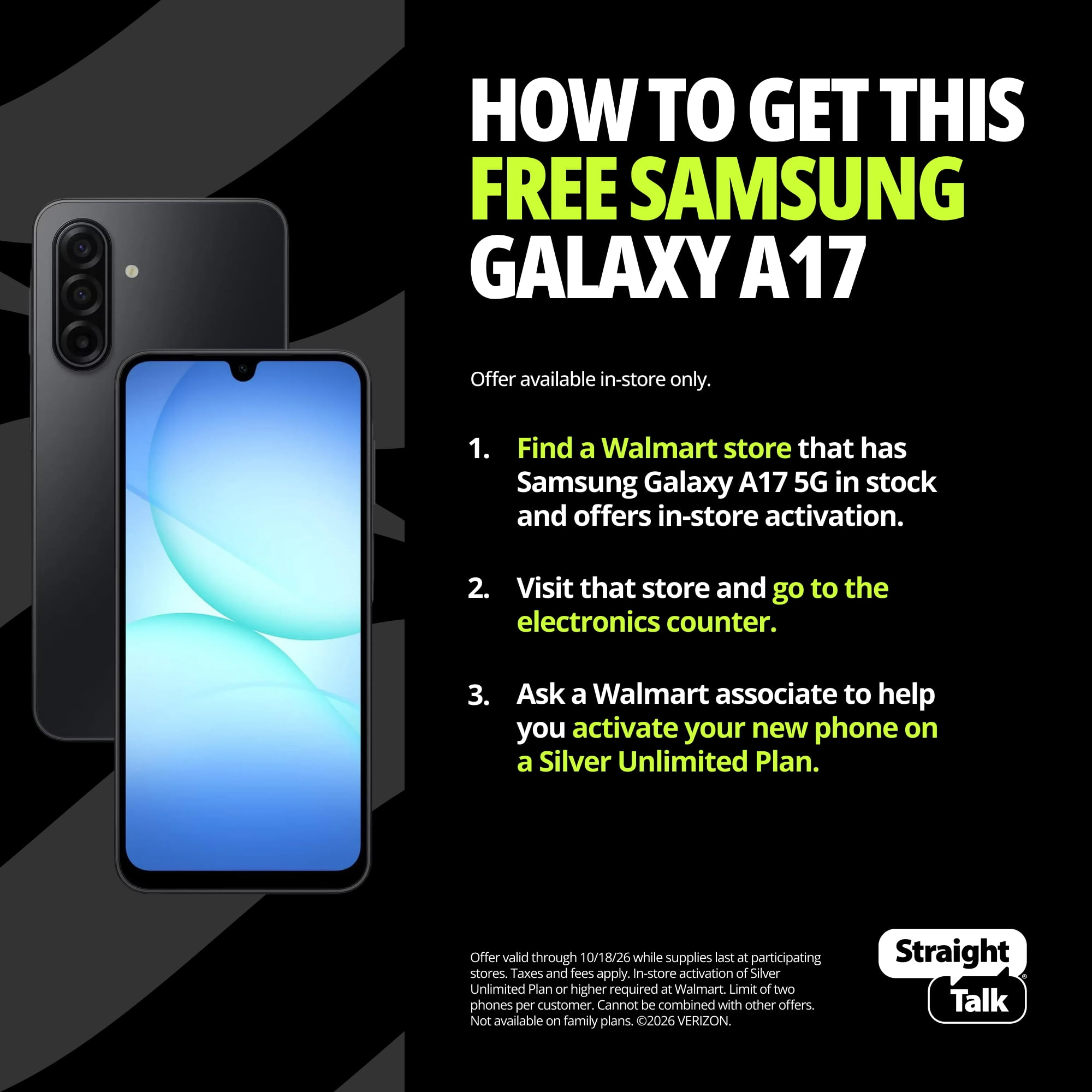 Straight Talk Samsung Galaxy A17, 5G, 128GB, Black - Prepaid Smartphone [Locked to Straight Talk]
