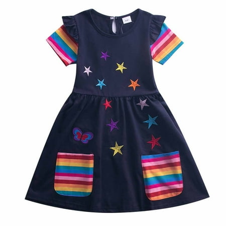 

DTBPRQ Kids Girls Summer Casual Plus Size Dresses Butterfly Rainbow Dresses Cotton Short Sleeve Crew Neck Dress 3-8 Years