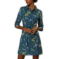 thumbnail image 4 of Vestido de camisa floral con cinturón y botones de solapa para mujer Allegra K M azul teal, 4 of 8
