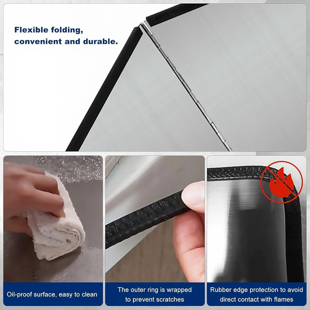 4-Sided Foldable Splatter Guard - 31.5'' Stainless Steel Splash Screen with Nonstick Coating | Heat Resistant Oil Shield for Gas Range & Frying Pan | Commercial Kitchen Backsplash Protector