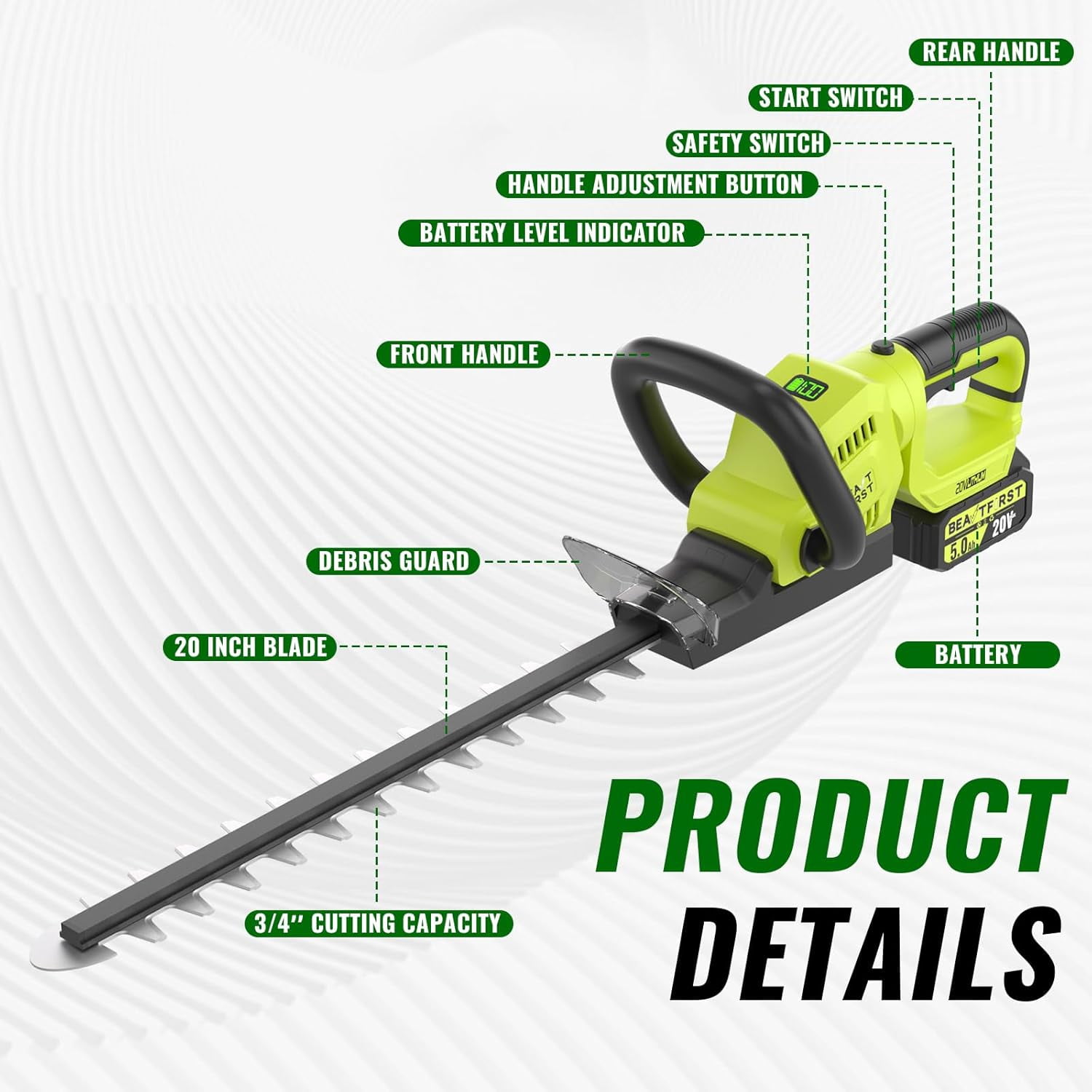 BEATUFIRST 20V Cordless Hedge Trimmer with 2x5.0Ah Batteries, 20-Inch Electric Grass Cutter for Shrub and Lawn