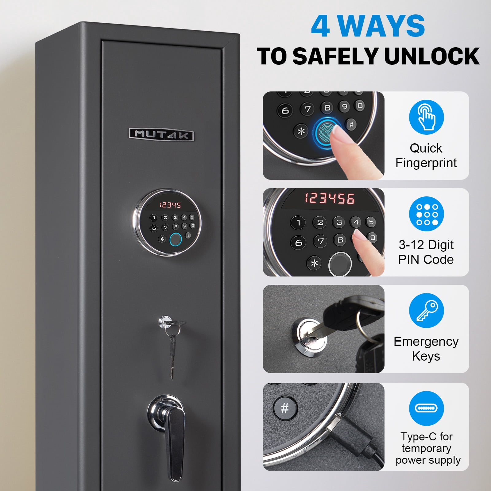 5  Large Gun Safe, Mutak Biometric Fingerprint, Gun Cabinet with Mute Mode, Long Gun Safe with Adjustable Gun Support, Removable Shelf & Metal Storage Box