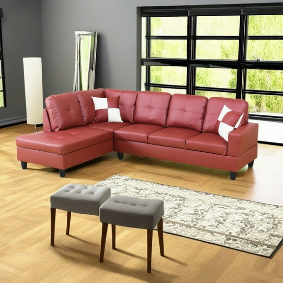 Hommoo Modern L-Shaped Couch Sofa, Faux Leather Living Room Furniture Set, 4-Seat Sectional Sofa for Home & Office, 17.5'' Back Height, Red(No Ottomans)