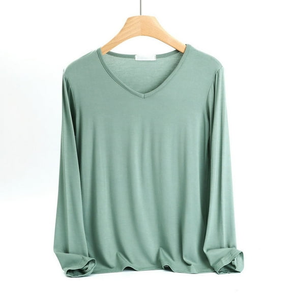 CQONEPT Long Sleeve Tops for Womens V Neck Solid Color Undershitrts Casual Slim Fit Tunic Tops Fall Winter Shirts Green M