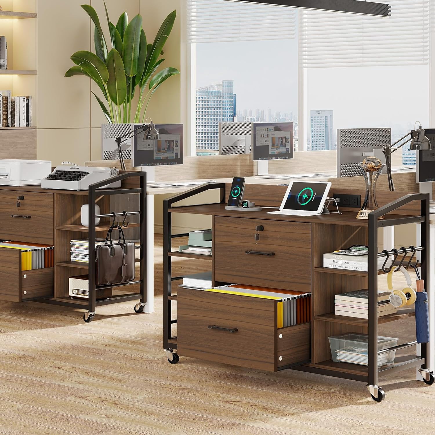 SEDETA 44" File Cabinet, Filing Cabinet fits Legal/Letter Size, 2 Drawer File Cabinets for Home Office with Lock, Power Strip, 6 Storage Shelves, Walnut Brown