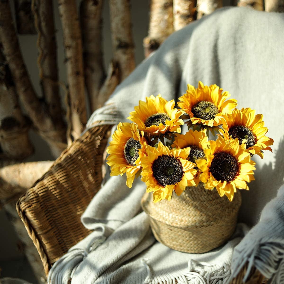 Vintage Sunflowers Artificial Flowers 7 Faux Silk Sunflowers Bouquet Fake Real Touch Long Stems Floral for Wedding Party Centerpieces Home Decoration(Gold)