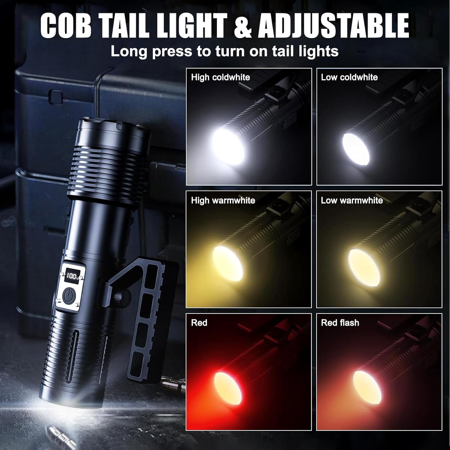 WOLFWAY Flashlights High Lumens, Rechargeable Torch with Cob Taillight, 2500 Lumens Super Bright LED Light, Flash Light with 11 Modes