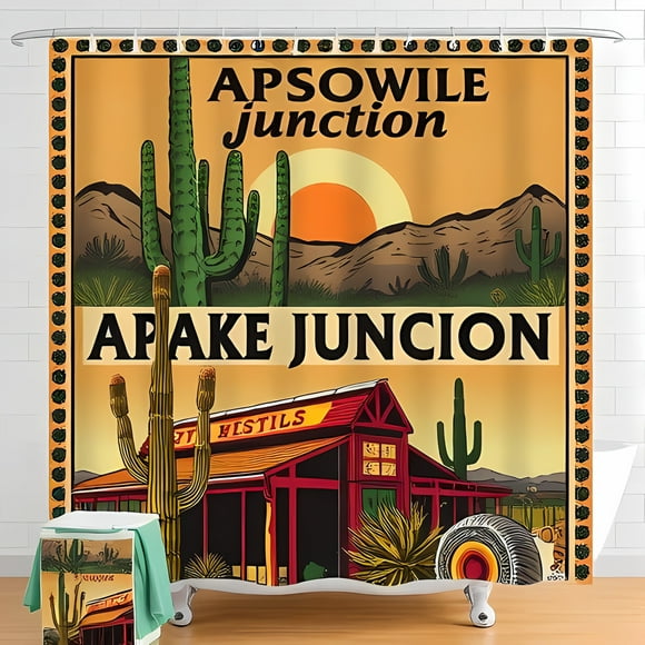 Vintage Desert Scene Shower Curtain with Saguaro Cacti and Rustic HESTILS Store - Southwest Charm for Your Bathroom