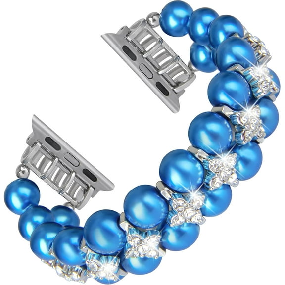 XiHAMA Pearl Bracelet Compatible with Apple Watch Band 38/40/41mm 42/44/49mm iWatch Series 9/8/7/6/5/4/3/2/1, Artificial Elastic Stretch Bling Diamond Jewelry Wristband Replacement Strap