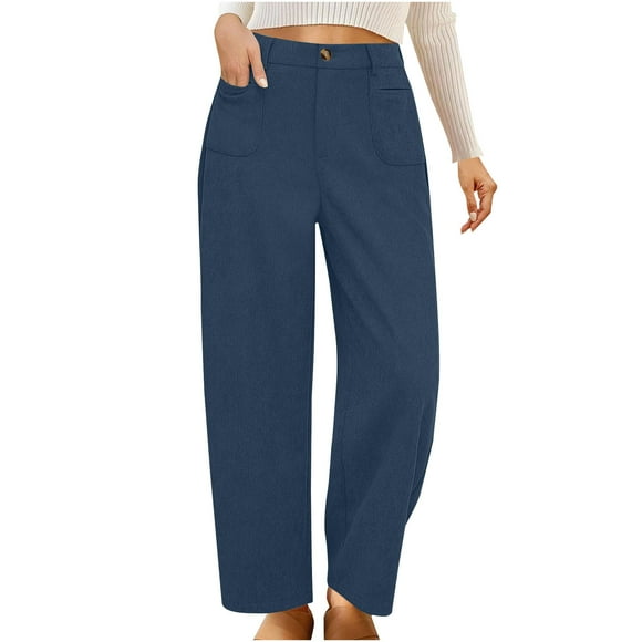LLYwey Fleece Lined Sweatpants Women Deals Ladies Casual Solid Color Pocket High Waist Straight Leg Pants Casual Pants Corduroy High Waist Slightly Flared Wide Leg Casual Pant New Winter Pants Blue S