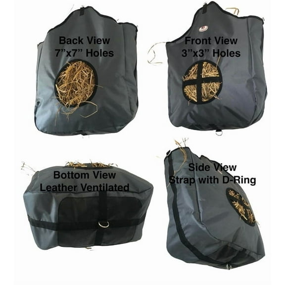 Majestic Ally Nylon Hay Feeder Tote Bag for Horse, Goat, Sheep - Double Sides Open Feed Hole with Faux Leather Ventilated Bottom - Simulates Grazing - Reduces Waste