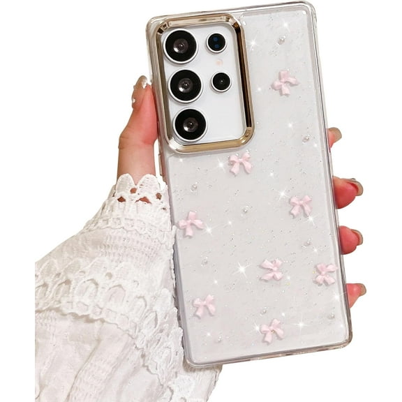 Case for Samsung Galaxy S23 Ultra, Bling Glitter 3D Bowknot Phone Case Cute Sparkly Crystal Clear Bow Aesthetic Design Slim Soft Durable TPU Transparent Protective Cover for Women - Pink Bow