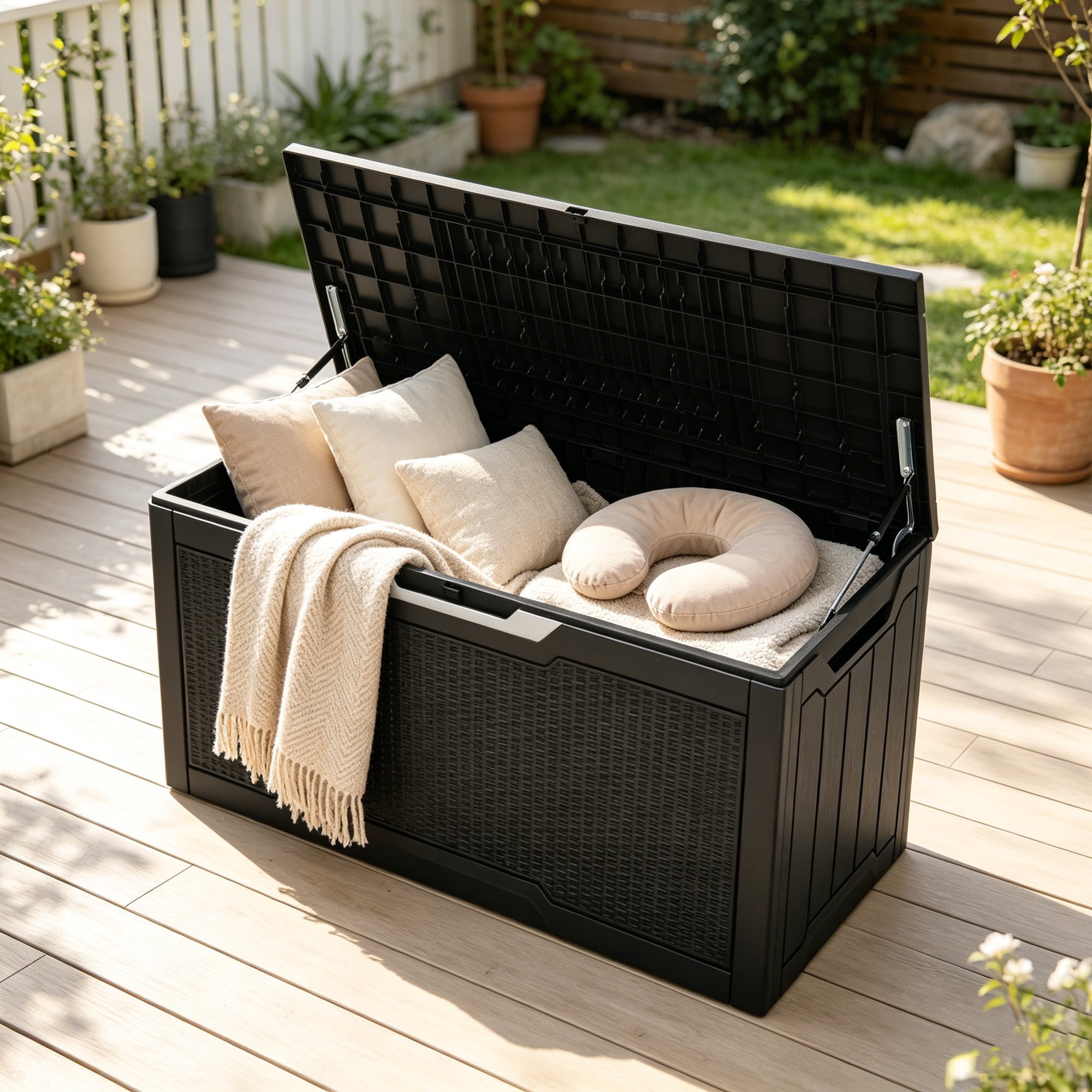 Uforic Rattan Deck Box, 80 Gallon Weatherproof Lockable Resin Outdoor Storage Box for Patio Cushions Garden Tools Equipment, Black