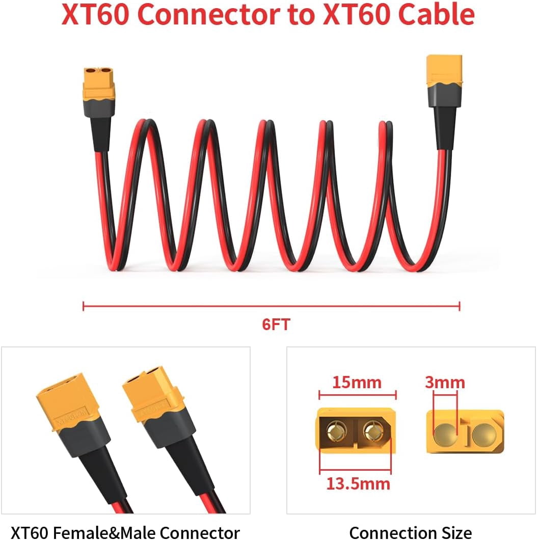 CoolStuff 10AWG 2FT XT60 Extension Cable 2 6 10 20 35 50 75 100FT XT60 Female to Male Connector for RC Battery Portable Power Station Solar Panel(2FT)