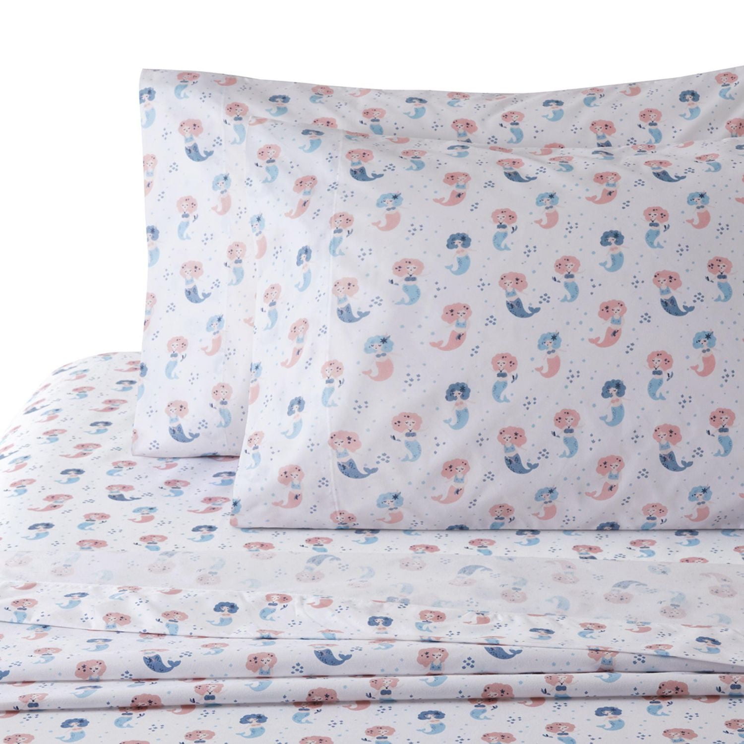 Literie Marina Décoration pour enfants et filles, en percale de coton doux 600 fils, avec fermeture éclair et lien d'angle, motif sirène.