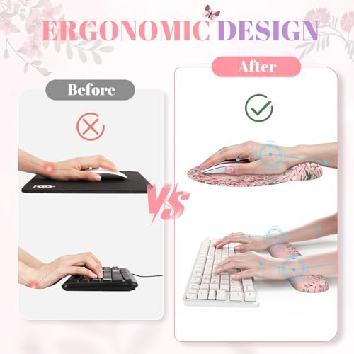 Tekola Desk Mat Set,Large Mouse Pad with Wrist Rest,Ergonomic Keyboard Wrist Support for Women,Girly Floral Computer Mat with Scalloped Edges,Non-Slip Desk Pad Home Office Gaming (Pink)
