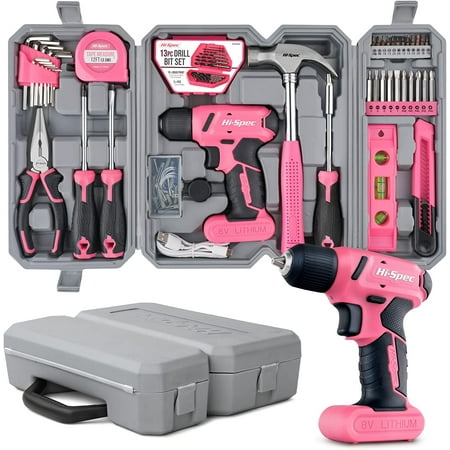 

luxury Hi-Spec 58pc Pink 8V USB Electric Drill Driver & Household Tool Kit Set. DIY Cordless Power Screwdriver