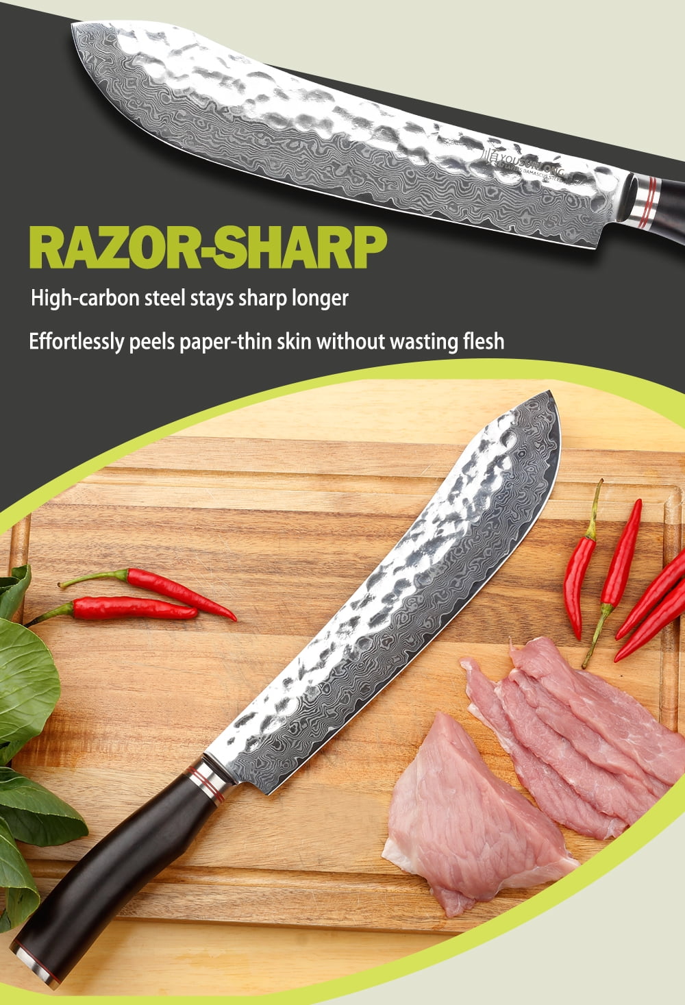 YOUSUNLONG 10 Inch Bull Nose Pro Butcher Knife, Japanese 67 Layers Hammered Damascus Steel