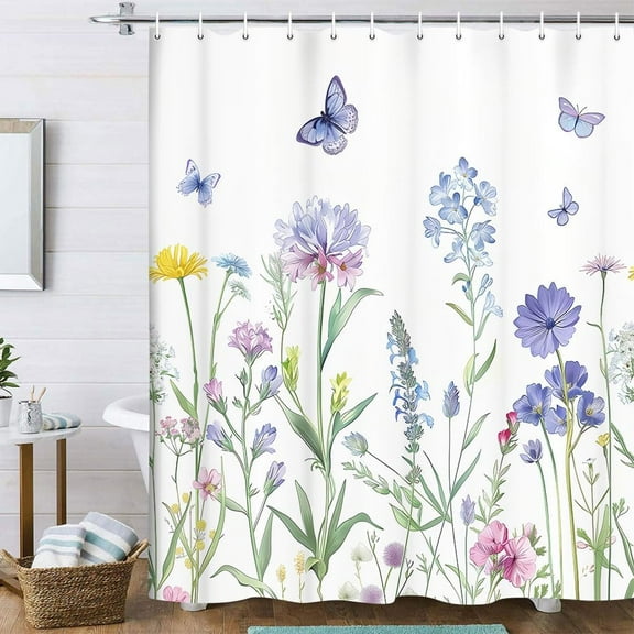 Watercolor Floral Shower Curtain for Bathroom, Wildflowers Plant Butterfly Decor Bath Curtain, Polyester Fabric Waterproof Bathtub Accessories with 12 Hooks,72X72in Yellow