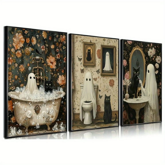 [2D Flat] 3pcs Halloween Ghost Wall Art, Gothic Black Cat Funny Poster Wall Decoration, Retro Horror Dark Academic Engravings, Used for Bathroom, Gallery, Home Decoration 2D Flat Print Frameless Pai