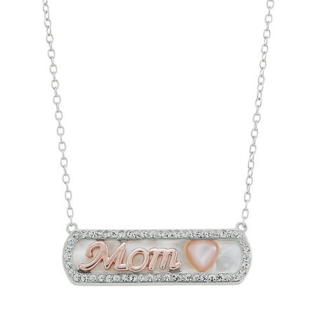 Brilliance Fine Jewelry Mother of Pearl Bar,Crystal,Heart,Mom Necklace in Sterling Silver and 14KT Rose Plate, 18"