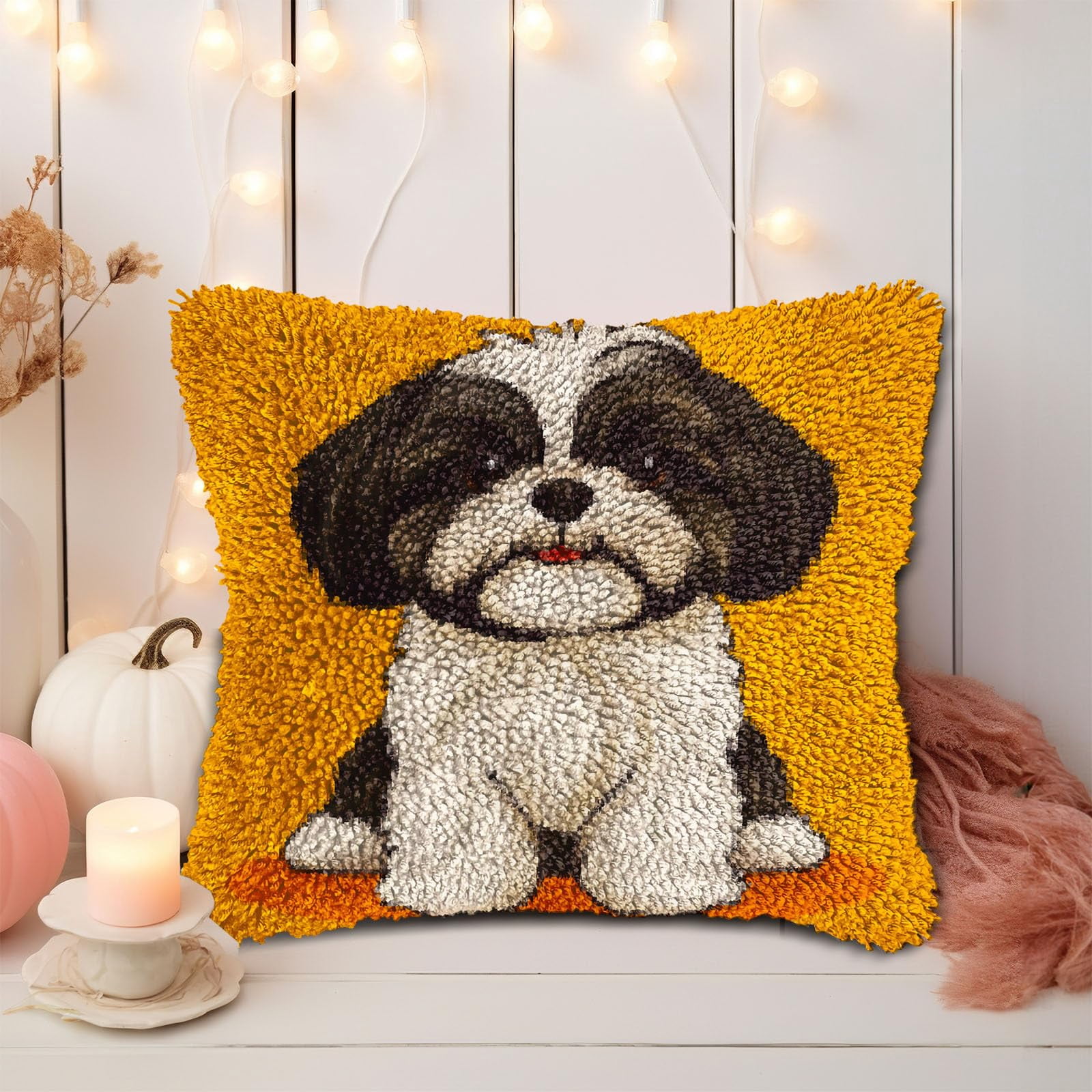 DIY Latch Hook Pillow Kits for Adults Cute Cartoon Shih Tzu Dog Printed Pillowcase Crochet Yarns Hooking Handmade Pillow Cover Cushion for Home Sofa Decoration 17x17inch-5
