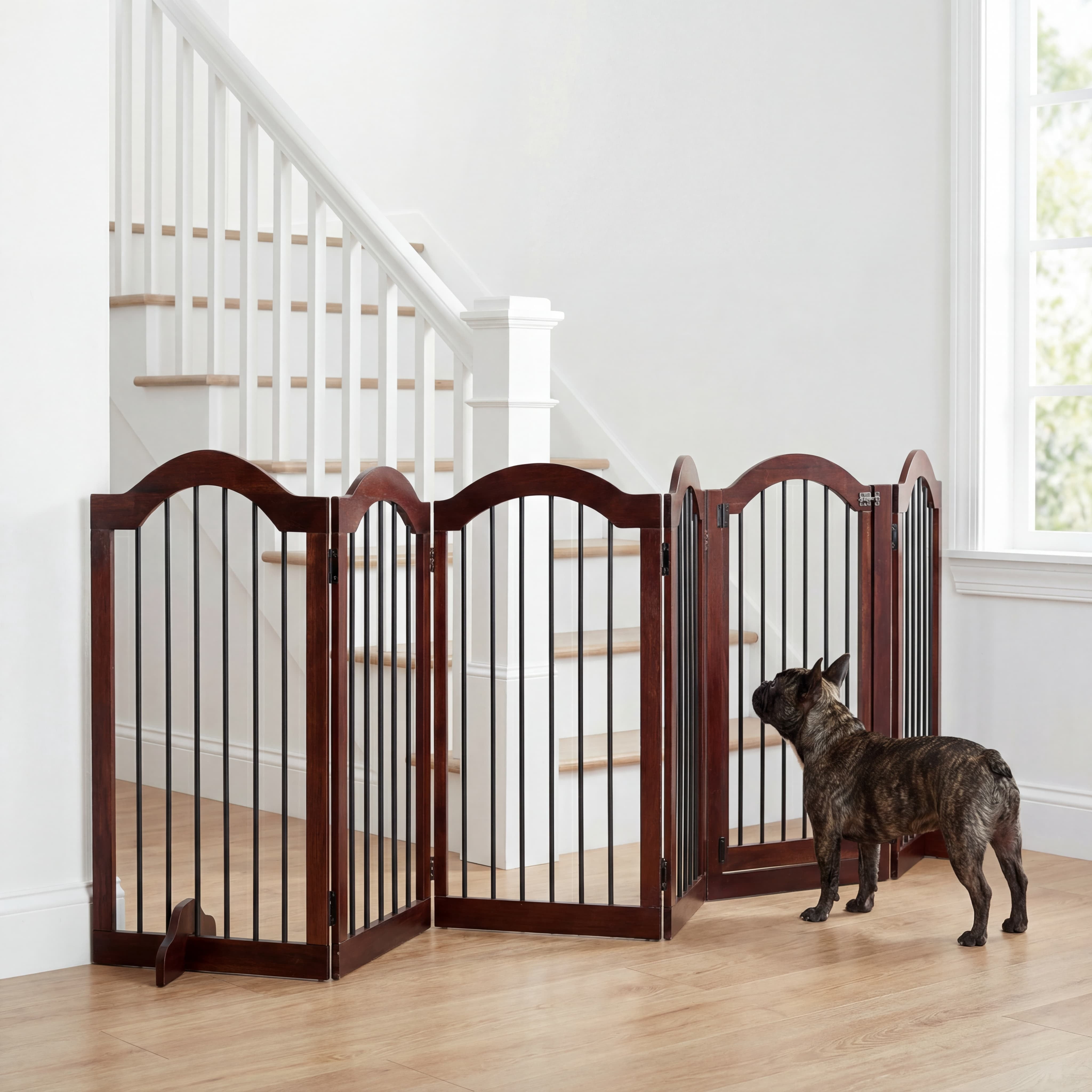 TrumanPick Free Standing Pet Gate with Door 36"H x 144"W Foldable Dog Gate 6 Panels Solid Wooden Dog Fence Indoor with Support Feet for House Doorways Stairs, Brown