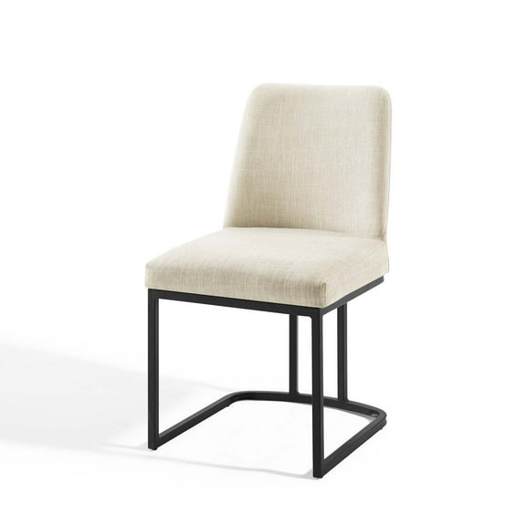 Side Dining Chair, Fabric, Metal Steel, Black Beige, Modern Contemporary Urban Design, Kitchen Room Cafe Bistro Restaurant Hospitality