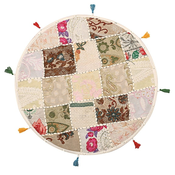 Stylo Culture Indian Round Throw Pillow Covers For Couch Vintage Patchwork Floor Cushion Cover White Big Sitting Pillows 22" Decorative Decor Tuffet Seat Pouf Cover Footstool Cotton Embroidered 1 Pc